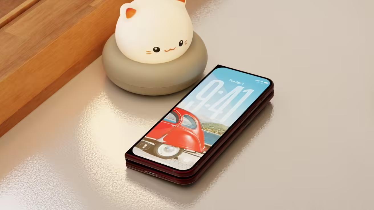 Smartphone displaying time near a cute, glowing cat-shaped lamp on a smooth, reflective surface.