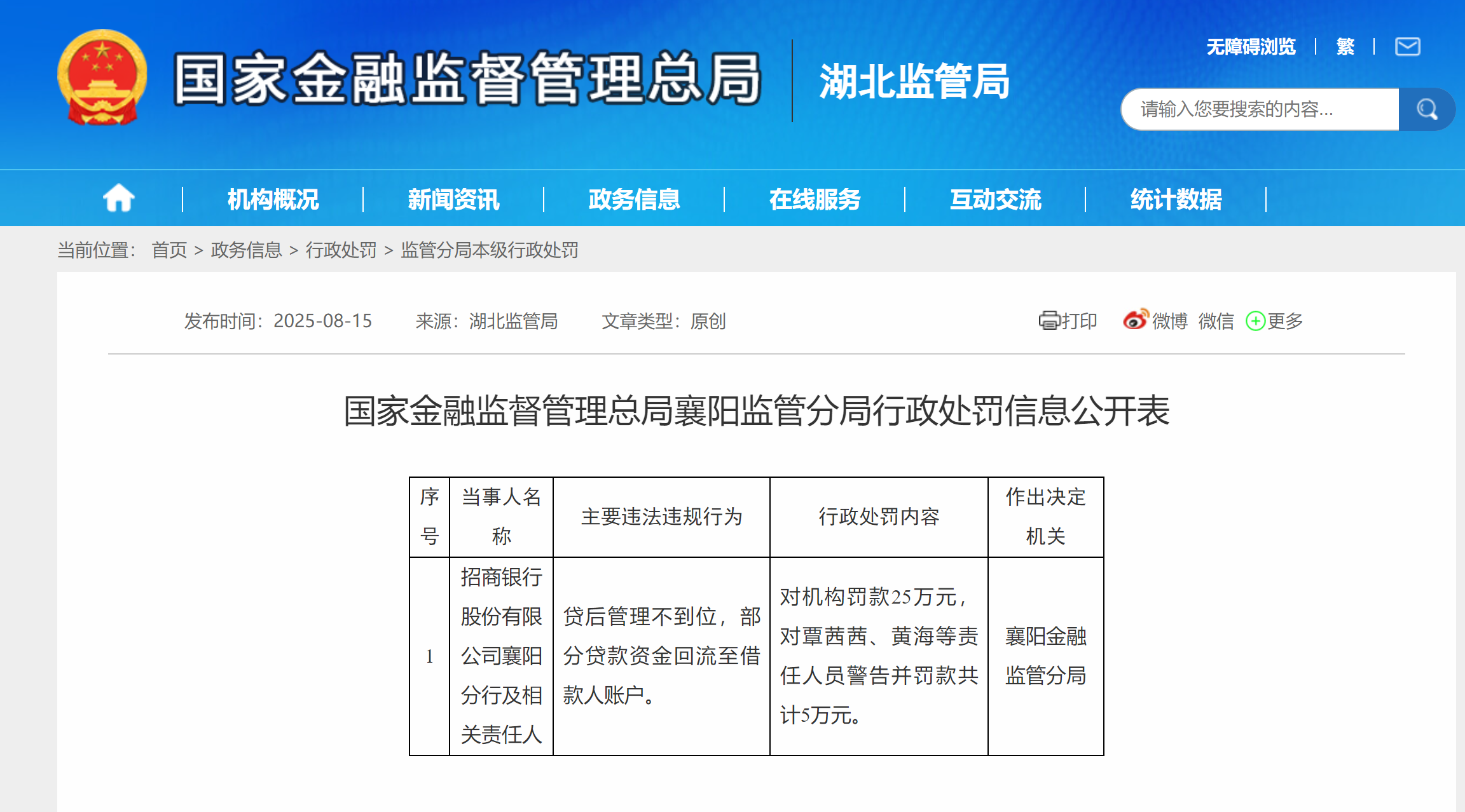 贷后管理不到位 招商银行襄阳分行被罚25万元
