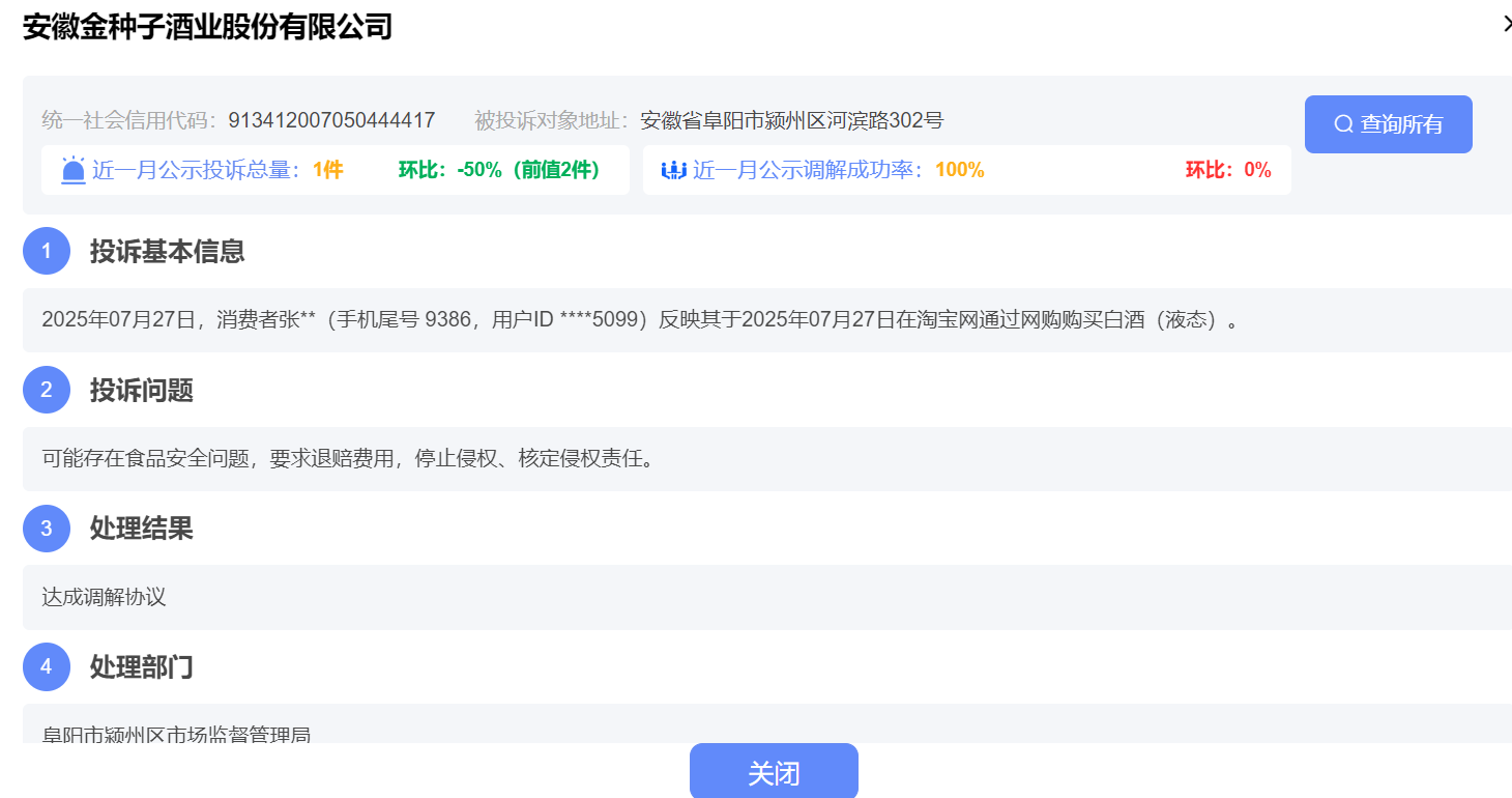 可能存在食品安全问题，安徽金种子酒新增投诉！