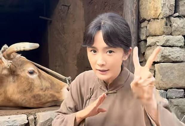 杨幂和牛拍照比耶。