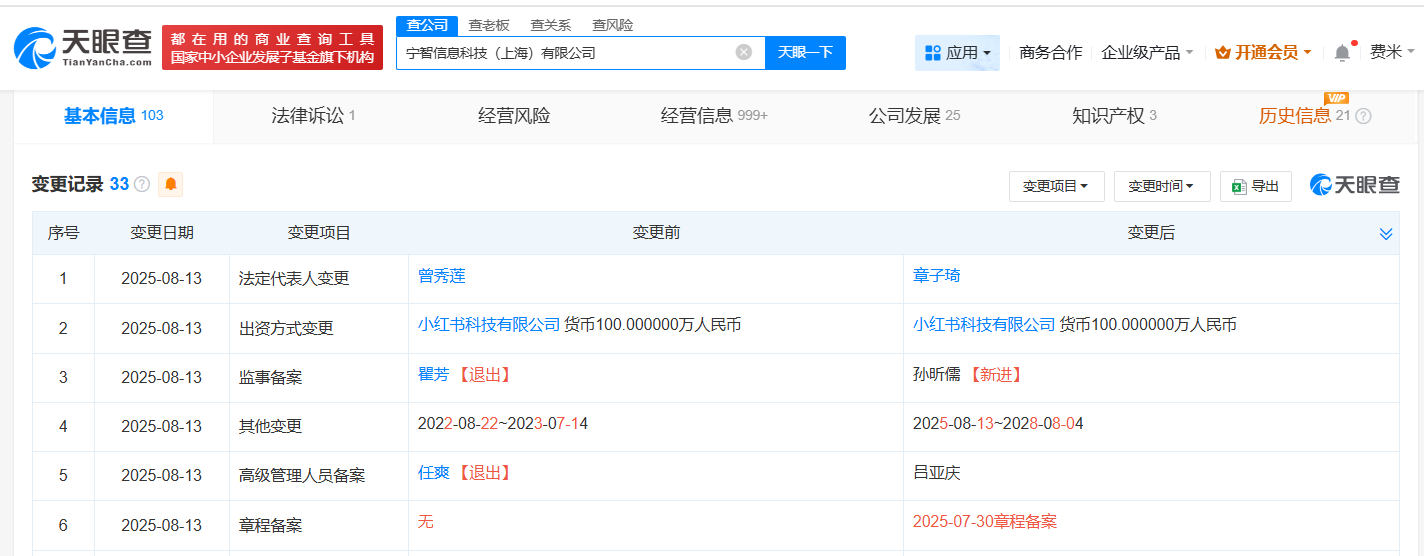 曾秀莲退出小红书旗下多家公司 多位主要人员出现变更