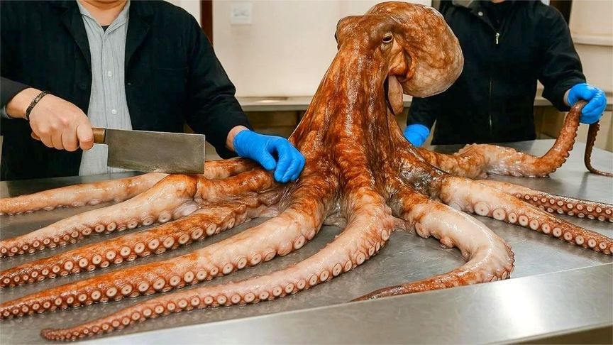 韩国人杀巨型大章鱼卤煮做美食，整个过程让人大开眼界