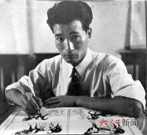 1946年,张乐平在创作《三毛从军记》。