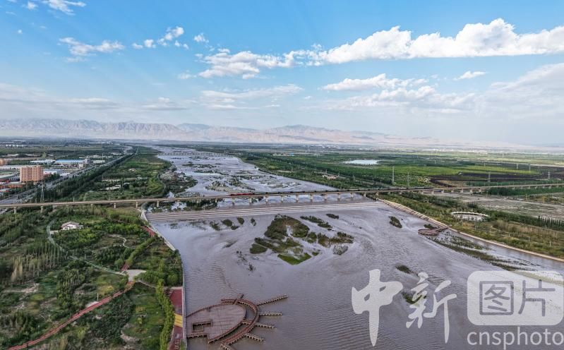 2025年8月10日,在甘肃省张掖市甘州区黑河段拍摄的黑河满河的流水。中新社发 陈礼 摄