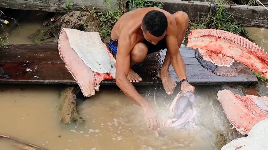 亚马逊当地渔民宰杀2米长巨骨舌鱼，鱼皮整个剥下，这鱼好吃吗？