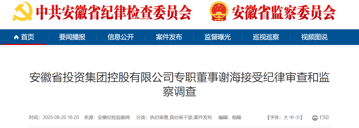 安徽省投资集团控股有限公司专职董事谢海被查！