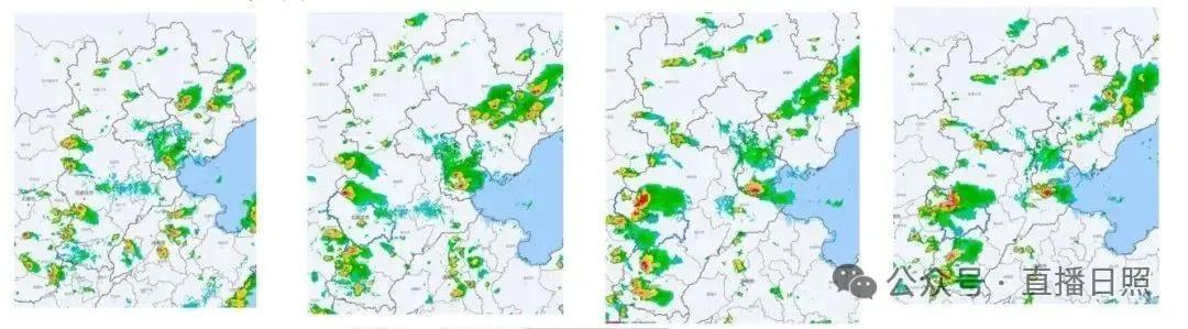 2024年8月6日，京津冀地区分散性降雨过程示例，从左到右依次为14时24分，15时24分，16时30分，16时54分