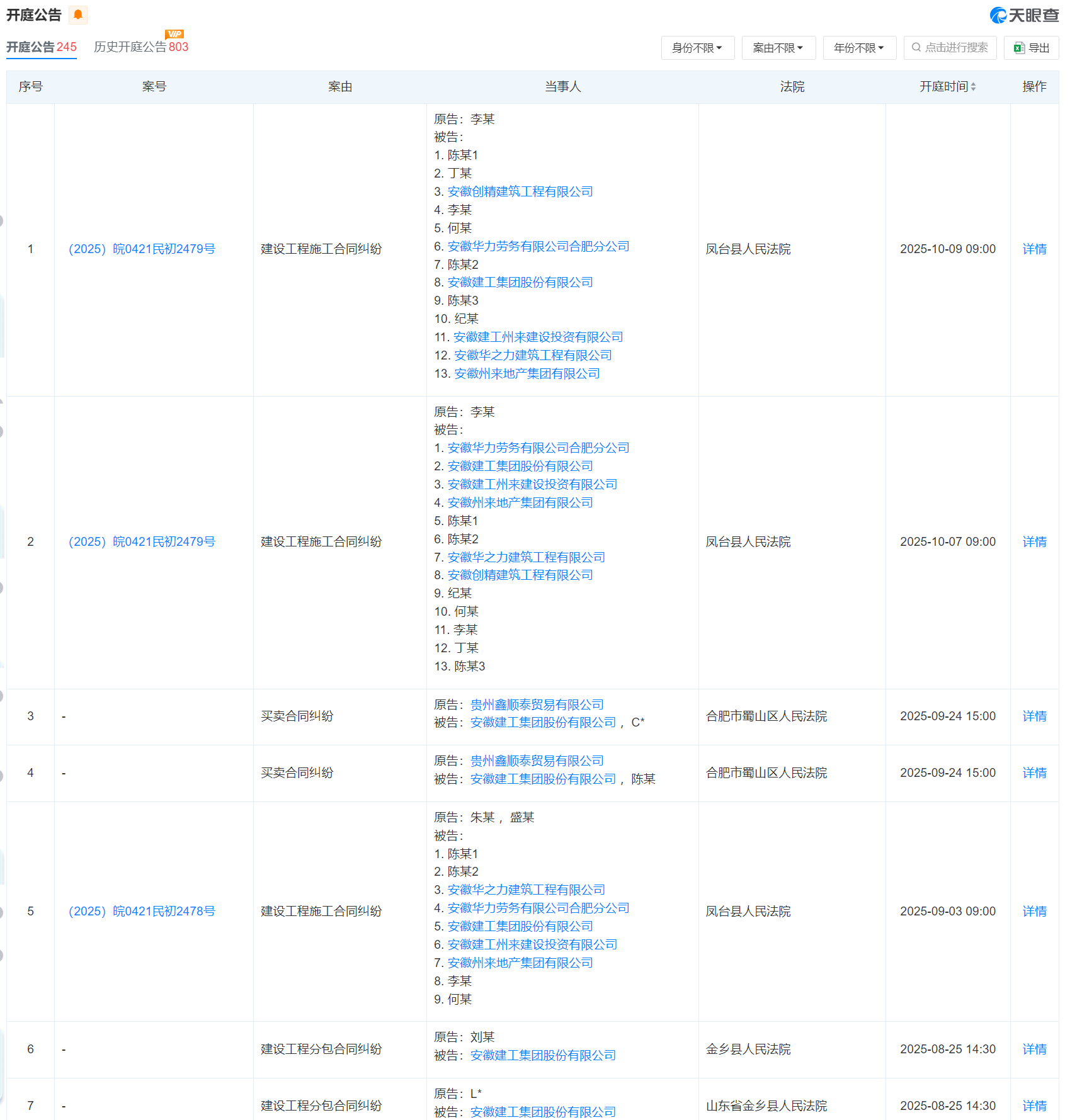 涉建设工程分包合同纠纷等，安徽建工新增多条开庭公告