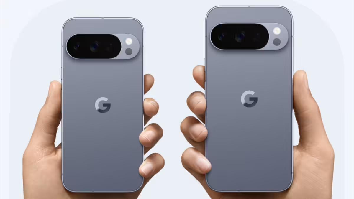 A Pixel 10 Pro is held in the left hand and a Pixel 10 Pro XL in the right, both with the rear panel facing the camera.