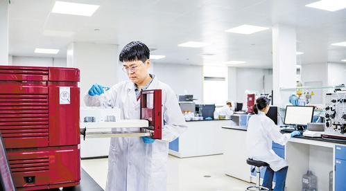 8月7日，在石药集团生物研发实验室，研发人员（左）正在进行抗体纯化工艺开发实验。 本报记者 米彦泽摄
