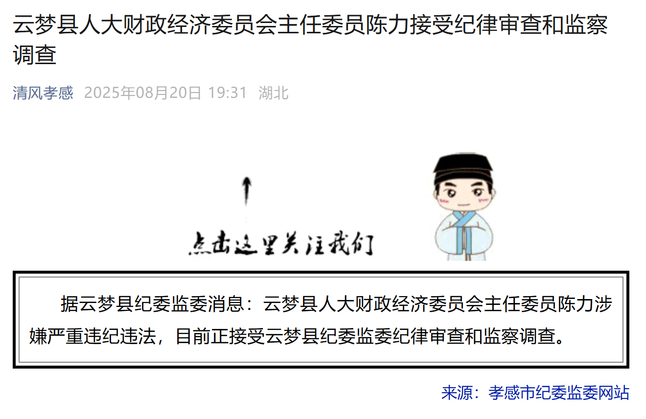 云梦县人大财政经济委员会主任委员陈力接受纪律审查和监察调查