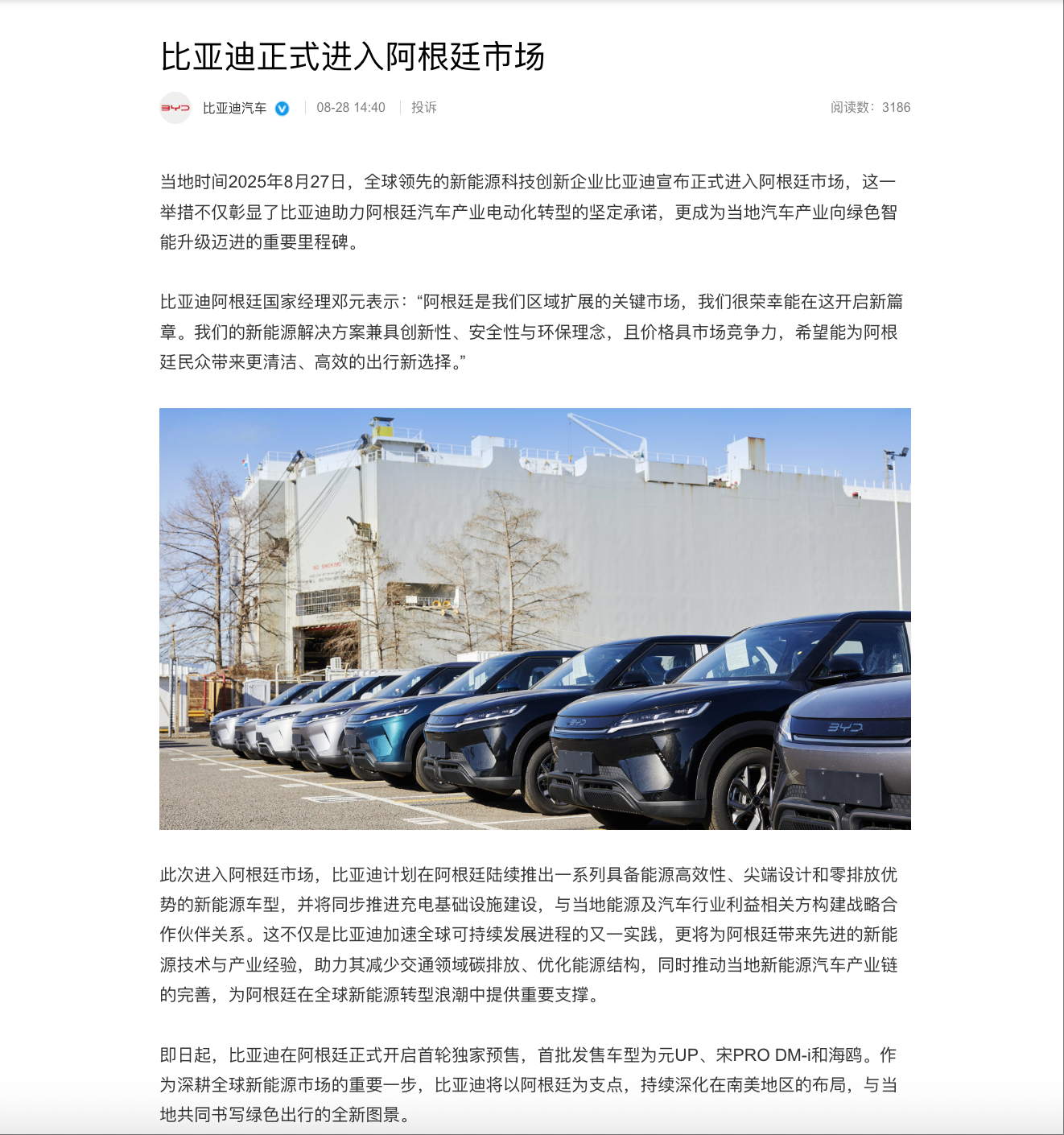 比亚迪正式进入阿根廷市场 首发车型为元UP、宋PRO DM-i和海鸥