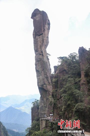 8月30日,江西上饶三清山,游客从三清山标志性景观巨蟒峰下的高空栈道上走过。中新社记者 刘力鑫 摄
