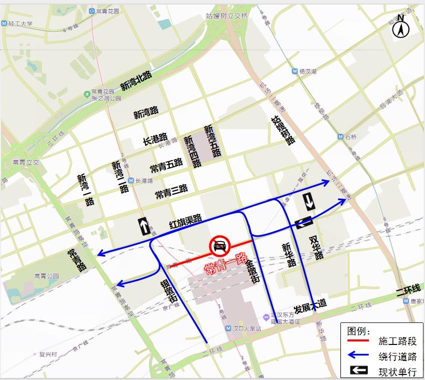 常青路来往姑嫂树路方向车辆绕行示意图