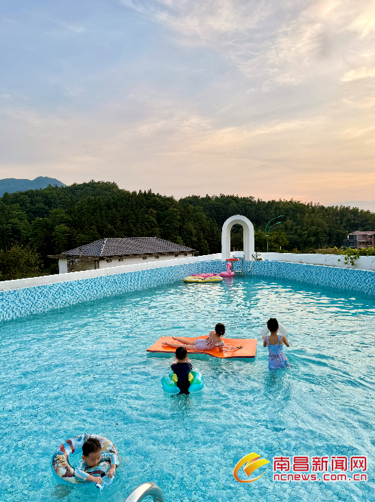 游客在民宿泳池戏水