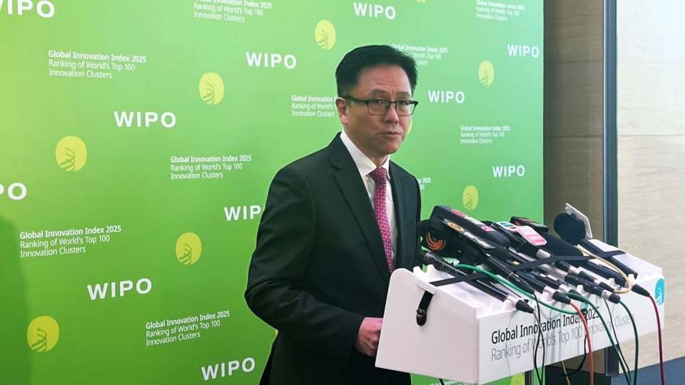 孫東出席《全球創新指數》排行榜發布會後見傳媒。