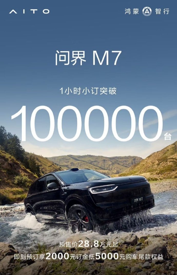 28.8万起，全新一代问界M7开售，1小时小订超100000台