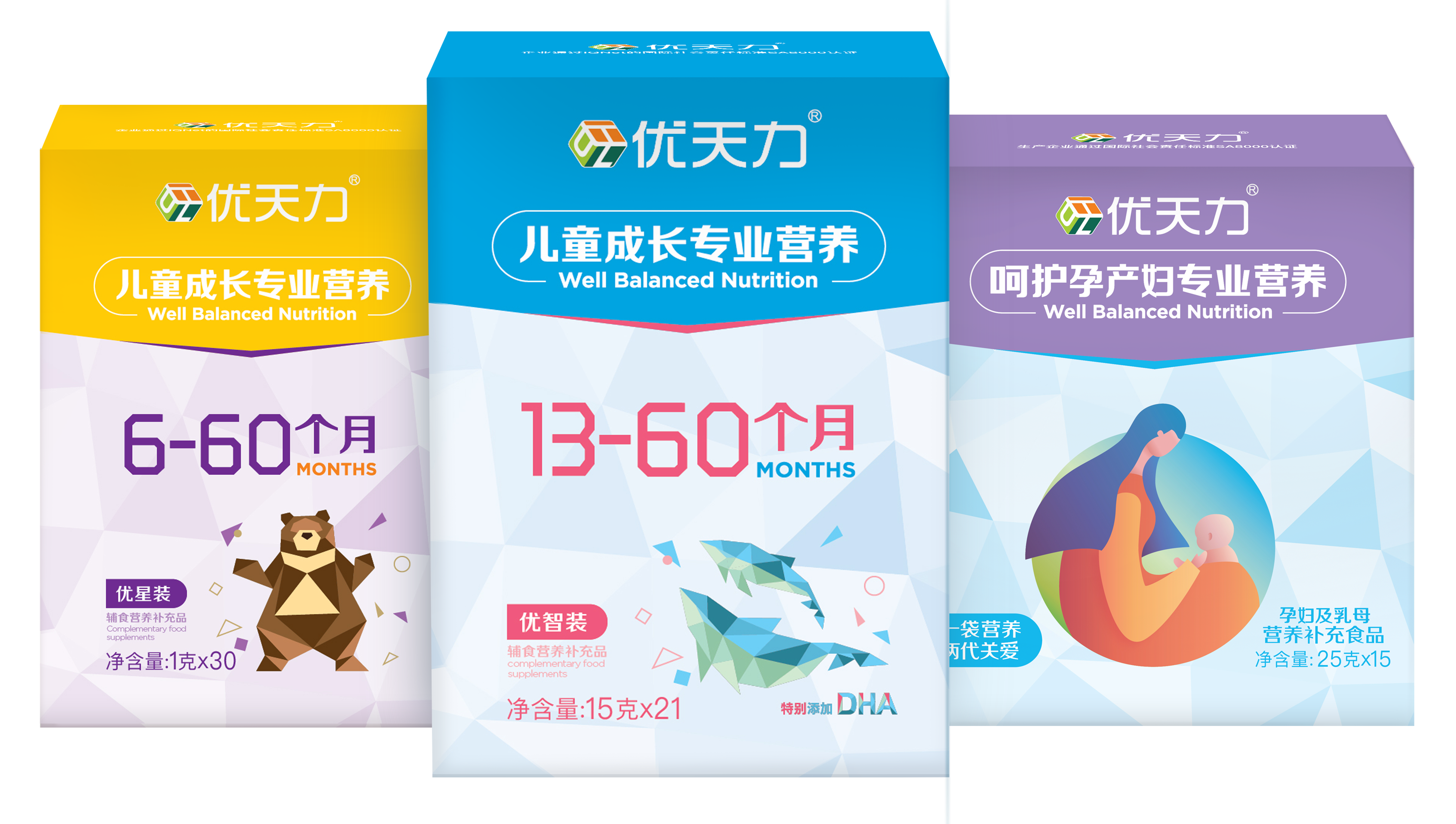 天力营养包市场化产品图（儿童营养包优星装、儿童营养包优智装、孕产妇营养包）。