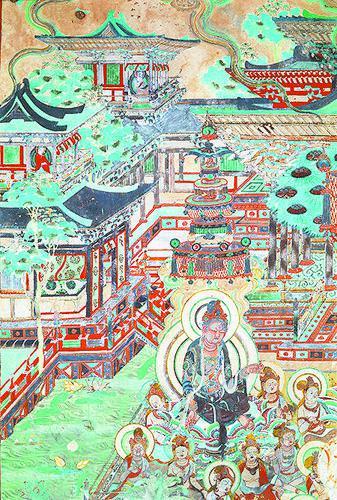 莫高窟第201窟南壁观无量寿经变壁画中的配殿与角楼