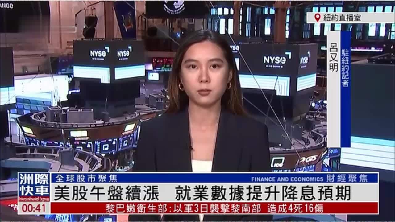 记者连线｜美股午盘续涨 就业数据提升降息预期