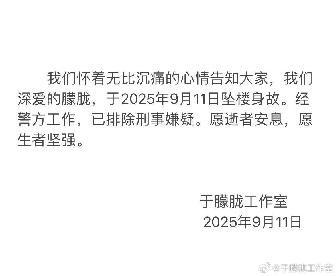 演员于朦胧坠楼身亡,已排除刑事嫌疑