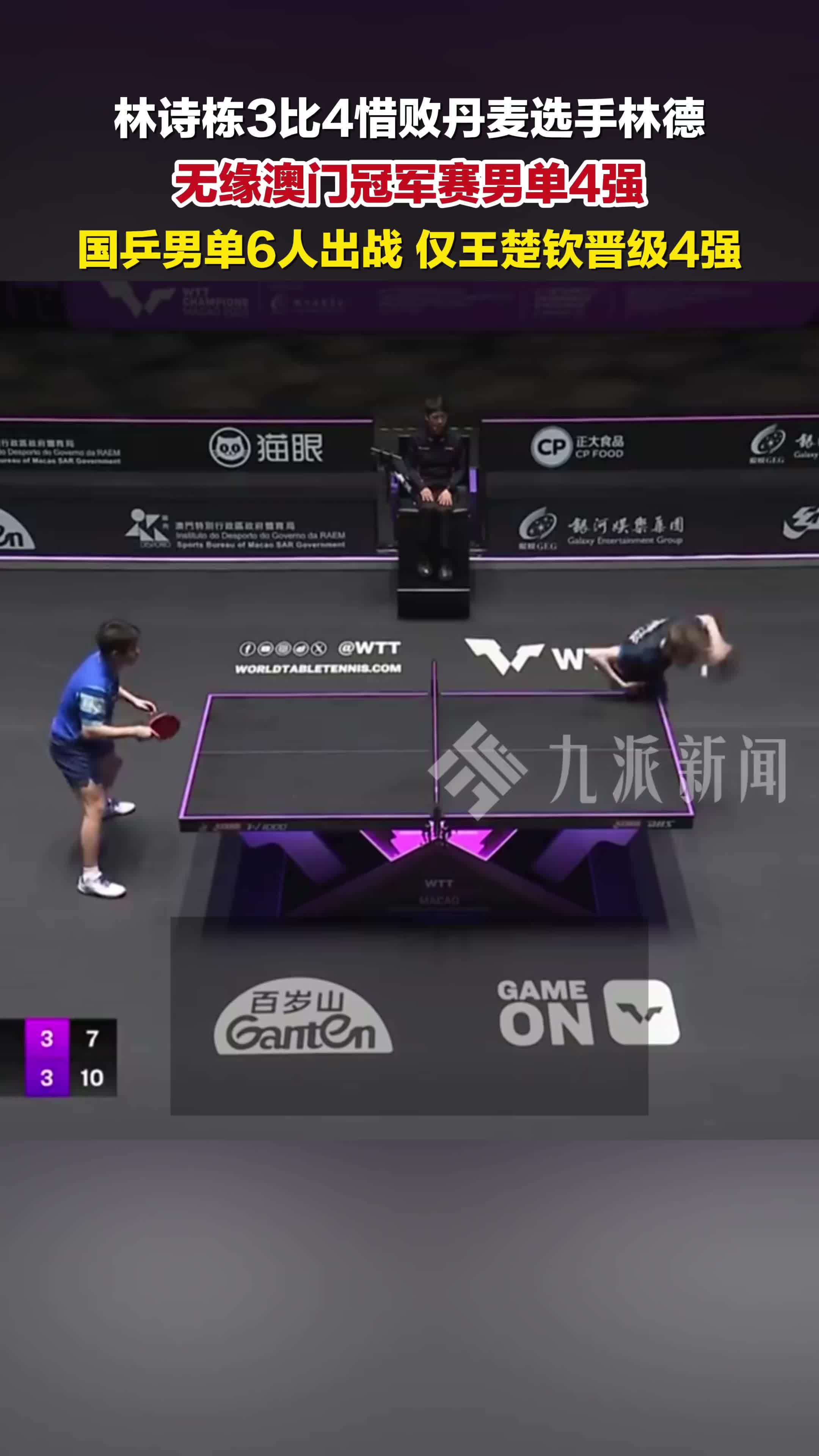 林诗栋3比4惜败丹麦选手林德，无缘澳门冠军赛男单4强