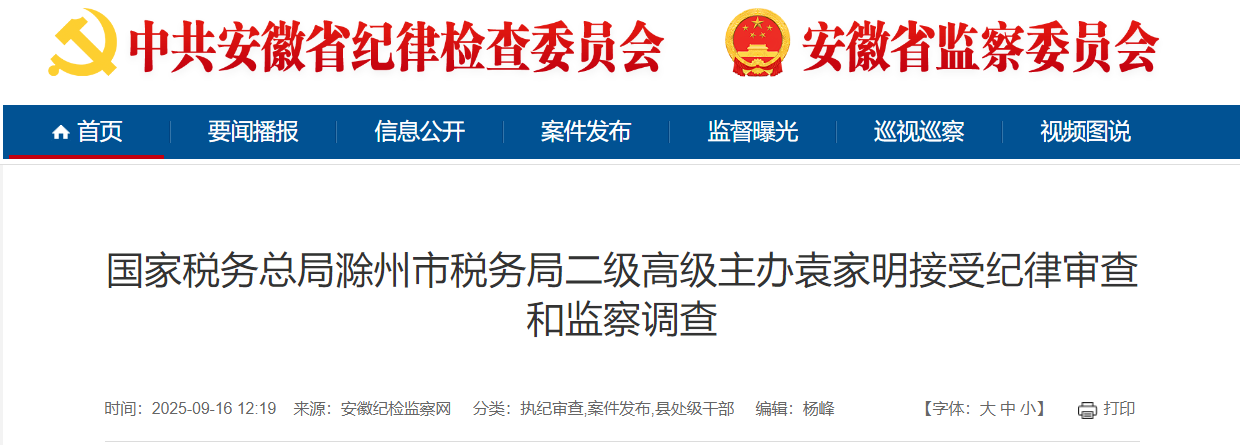 国家税务总局滁州市税务局二级高级主办袁家明被查