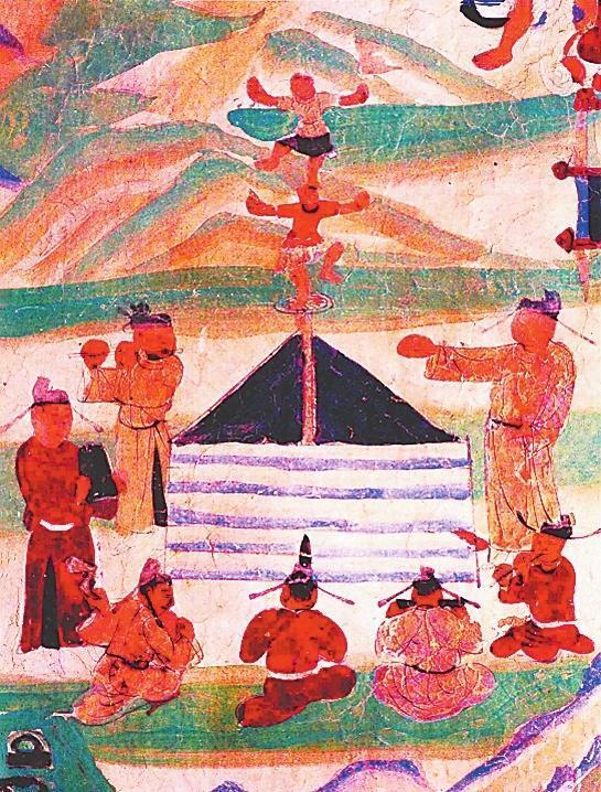 莫高窟第61窟中的《勾栏百戏》描绘了表演者演绎杂技魔术的场景