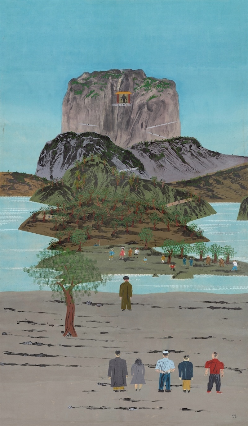 夏阳，《山水六——农人碑》，2020年，布面丙烯及剪贴