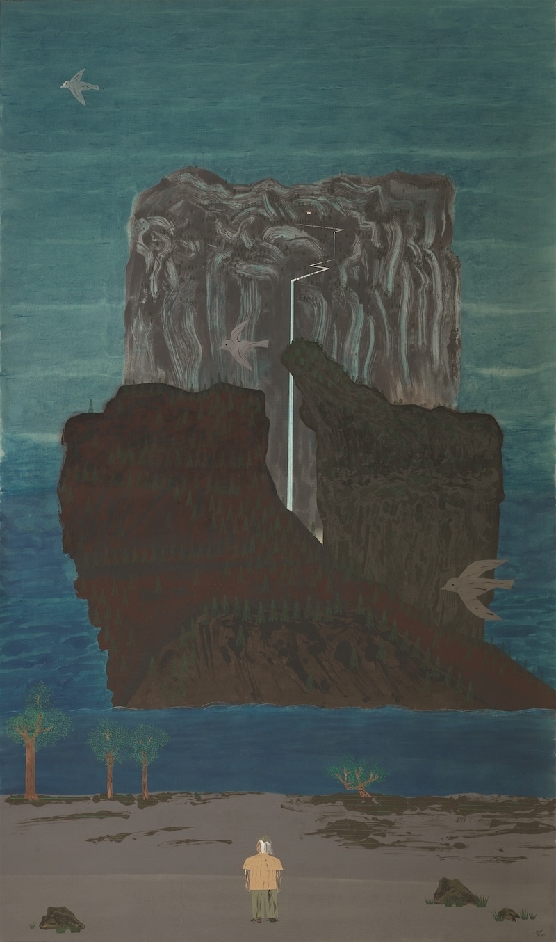 夏阳，《山水五》，2018年，布面丙烯及剪贴