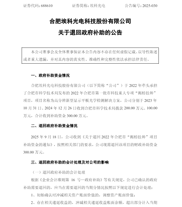 合肥一知名上市公司退回300万元财政补助资金