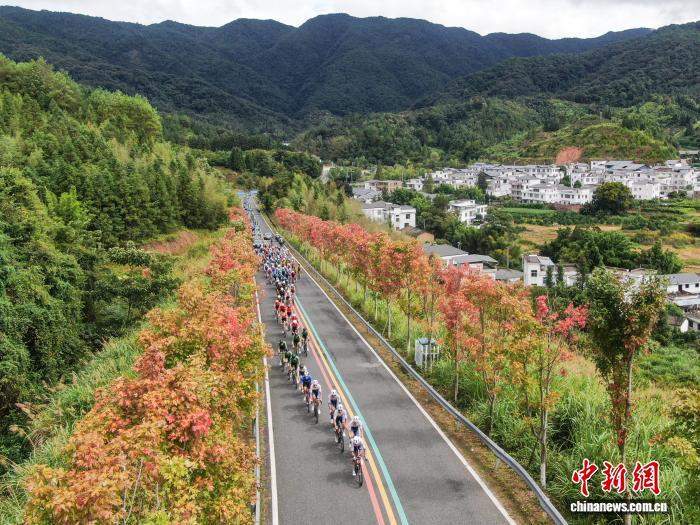 9月25日，江西赣州安远县，中外车手们从三百山脚下的公路上经过。中新社记者 刘力鑫 摄