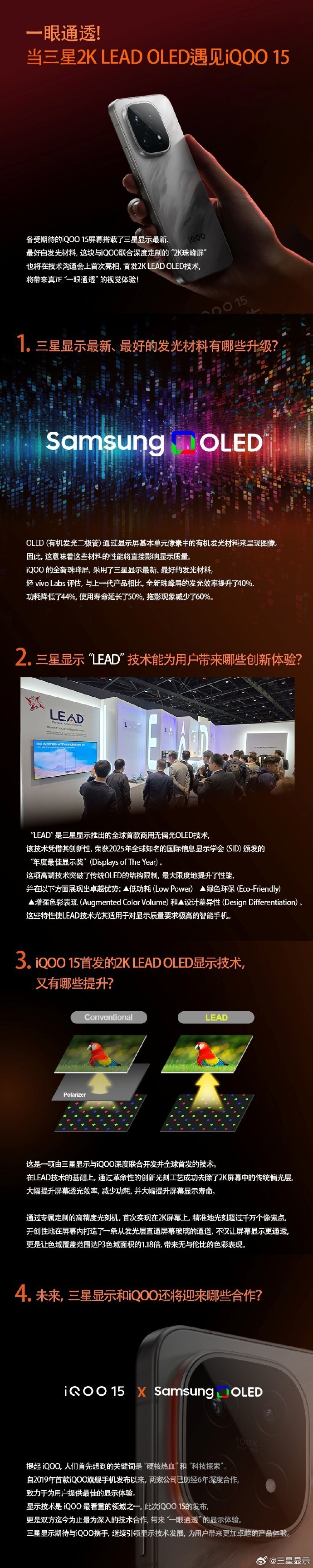 iQOO 15全球首发2K LEAD OLED显示技术 功耗降低44%