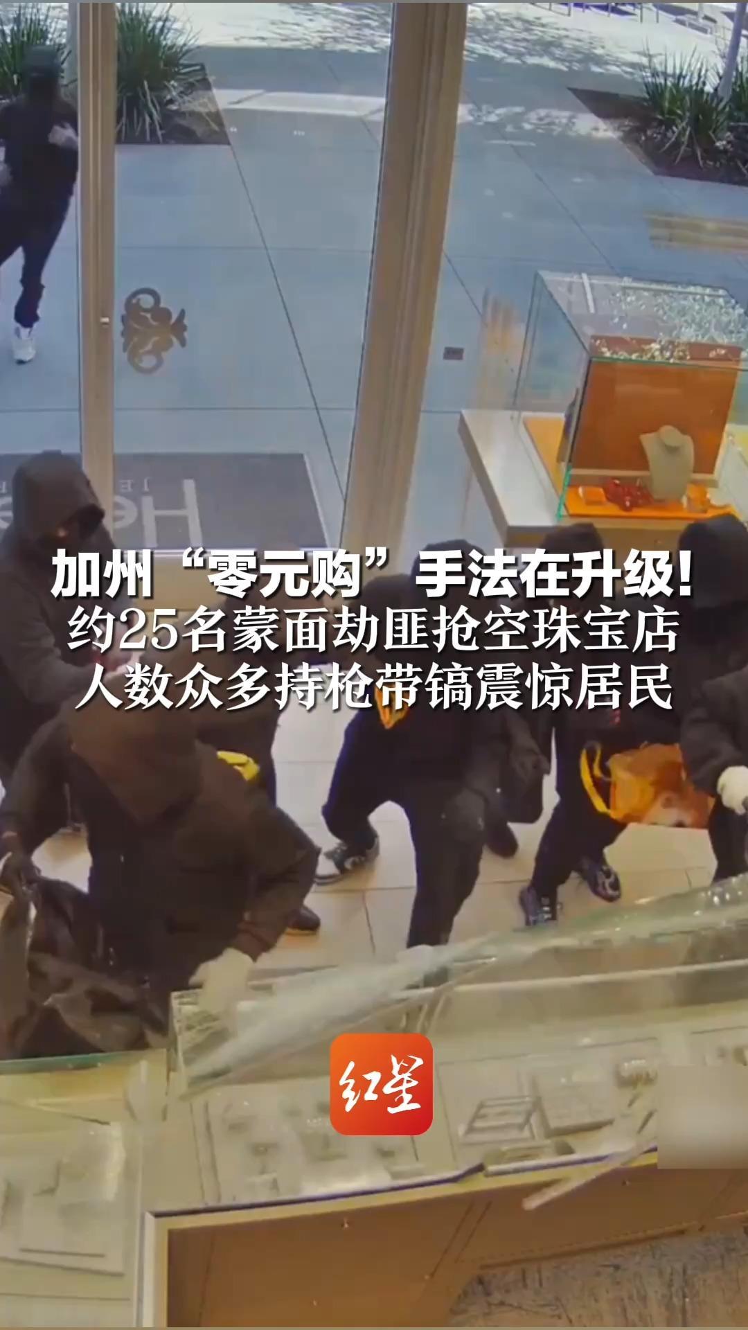 加州“零元购”手法在升级！约25名蒙面劫匪抢空珠宝店 人数众多持枪带镐震惊居民 当地警方：目前抓了7人