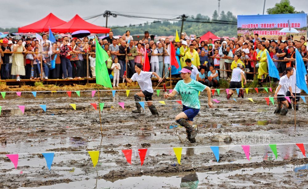 选手在农民趣味运动会项目“水田接力”参赛中。