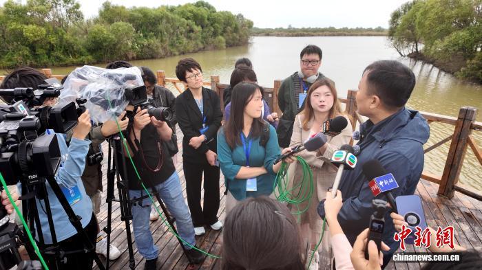 9月19日,国务院新闻办公室组织的“外媒看中国”系列主题采访活动走进黄河入海口山东东营。图为,中外记者在黄河三角洲国家级自然保护区现场采访。 王峰 摄