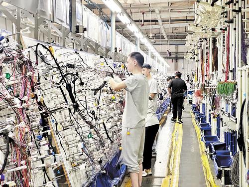 9月9日，廊坊莱尼线束有限公司车间，工人进行线束组装。 高 澍摄