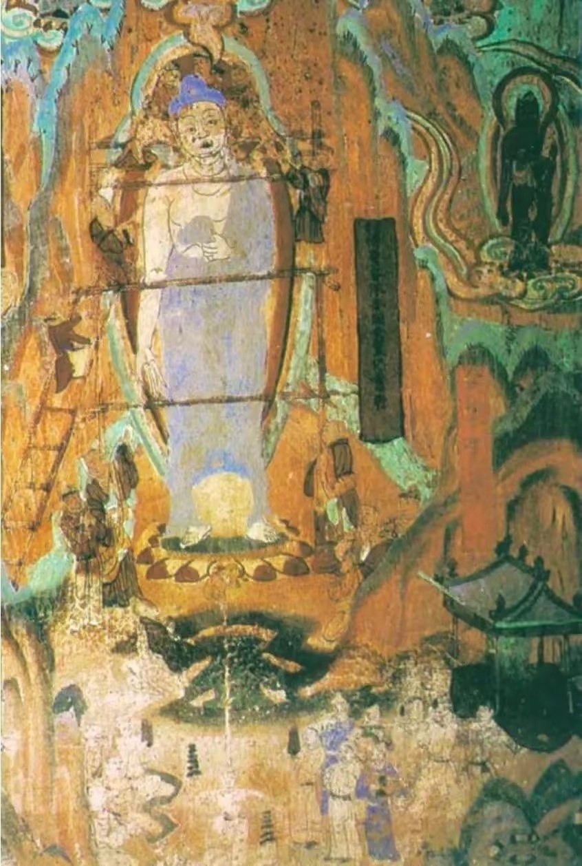 敦煌莫哥窟72窟《凉州圣容像变》，描绘为圣容像安装佛头的场面。