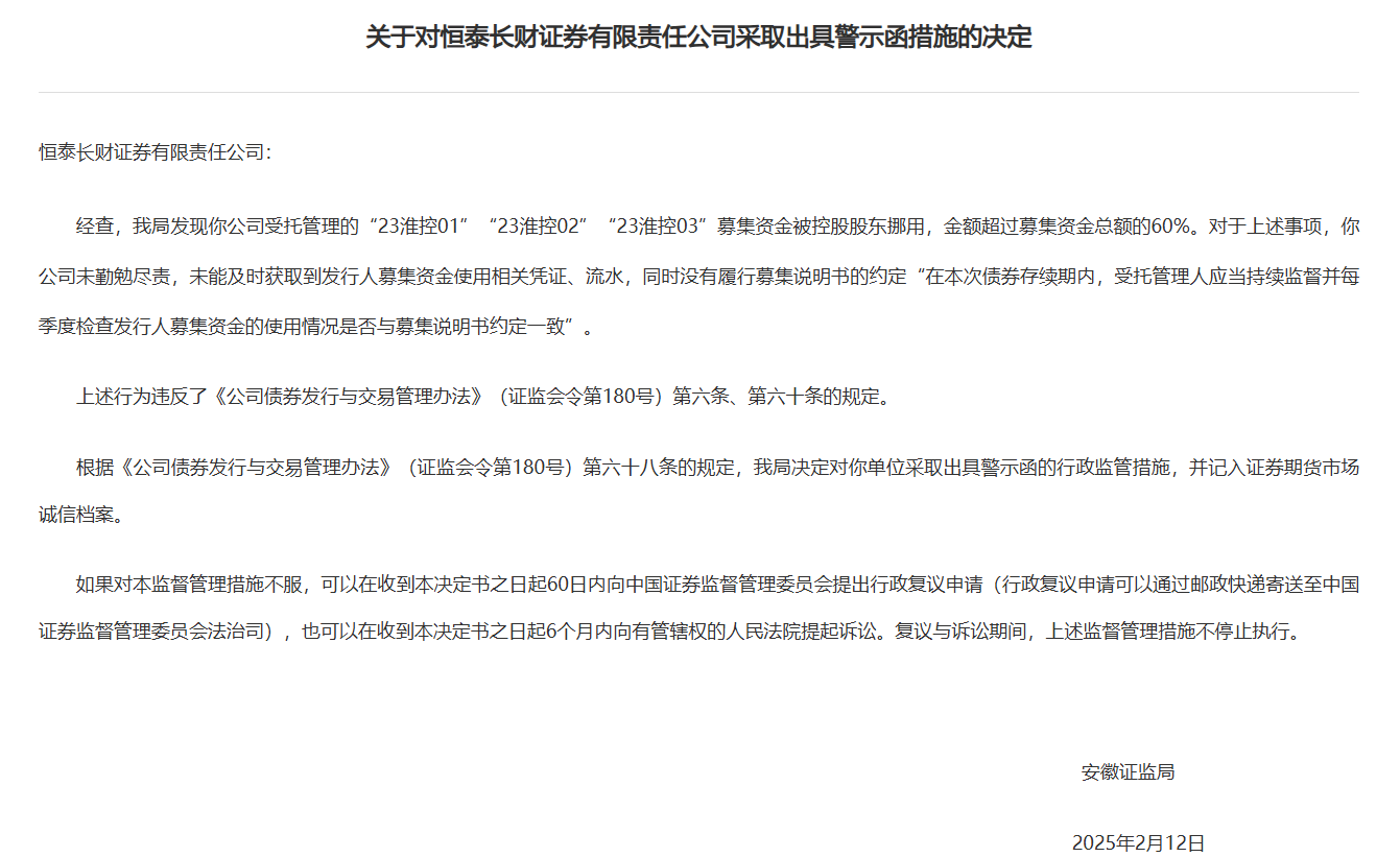 安徽证监局出手！恒泰长财证券募集资金监管失职被警示！