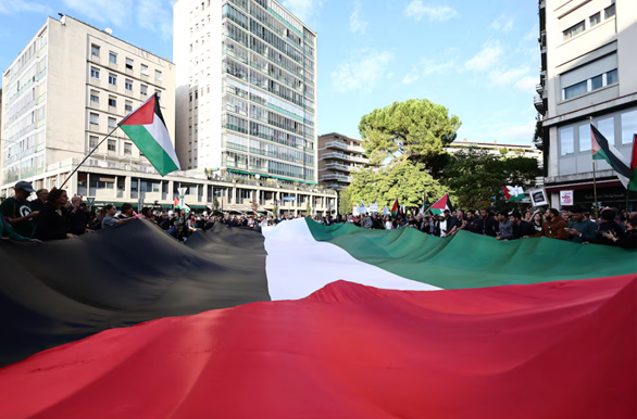 当地时间14日,意大利队对阵以色列队世预赛前,抗议者举着巴勒斯坦国旗示威。图自英媒