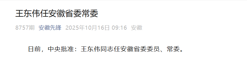 王东伟同志任安徽省委常委
