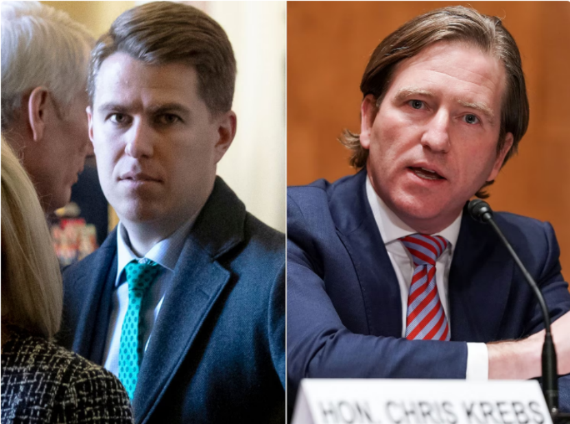 ▎特朗普第一任期的国土安全部幕僚长迈尔斯·泰勒(左)和美国网络安全和基础设施安全局局长克里斯·克雷布斯(右)