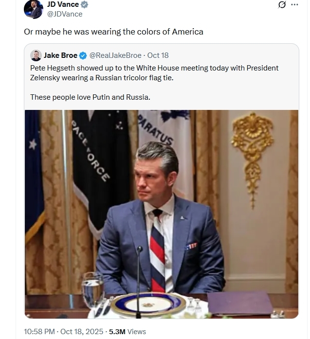 美防长故意戴俄三色旗颜色领带,挑衅泽连斯基?万斯回应