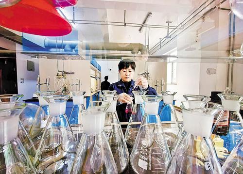 10月11日，在唐山金利海生物柴油股份有限公司的生物柴油综合检测实验室，工作人员在进行样品检测。本报记者 王育民摄