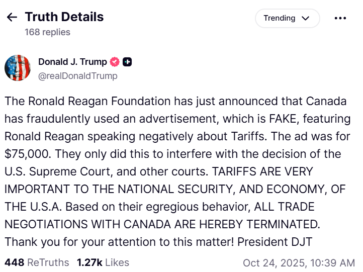 特朗普突然宣布:终止与加拿大的所有贸易谈判