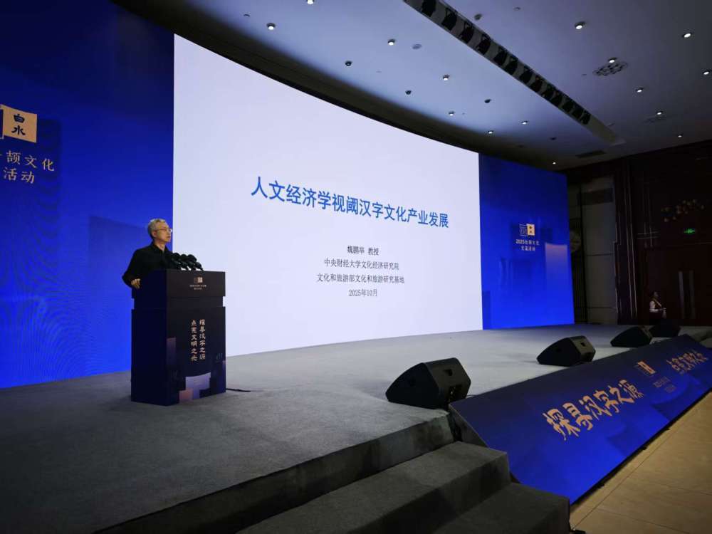 中央財經大學文化經濟研究院院長、清華大學文化創意發展研究院學術委員會副主任魏鵬舉發表主題演講。他從 “人文經濟學” 的視角切入，為大家展現出漢字文化產業發展的新藍圖。新華社記者 王澤昊 攝。
