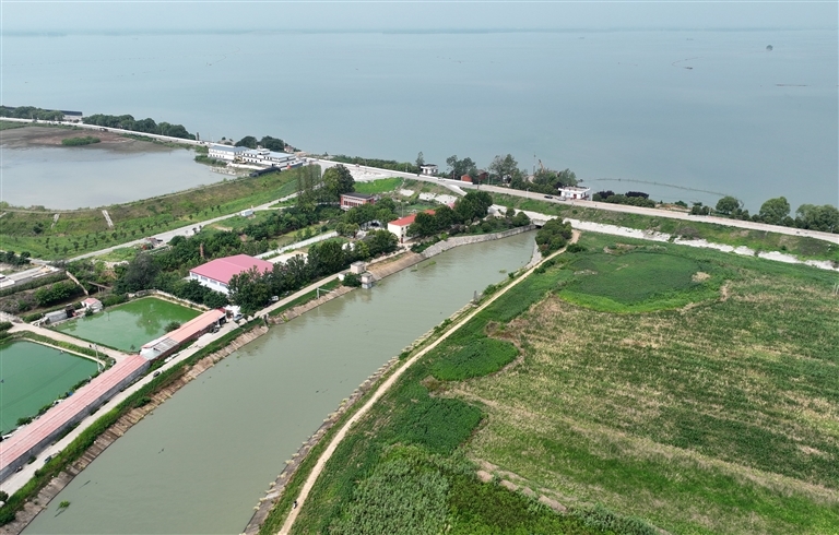 碧波荡漾的湖水通过宿鸭湖水库渠首闸闸门奔涌而出，沿着干渠流向广袤的田野（摄于7月16日）。 弓华静 摄