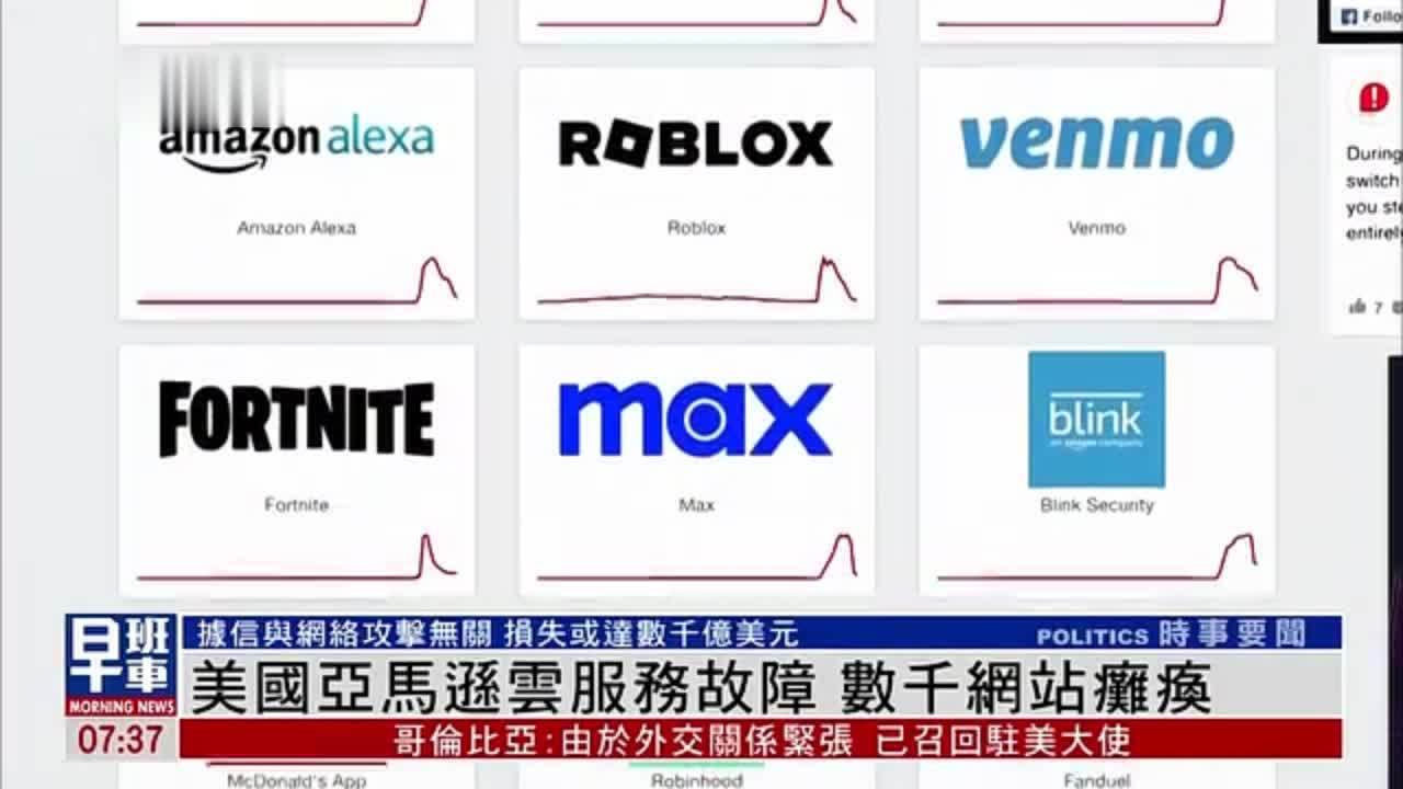 美国亚马逊云服务故障 数千网站瘫痪