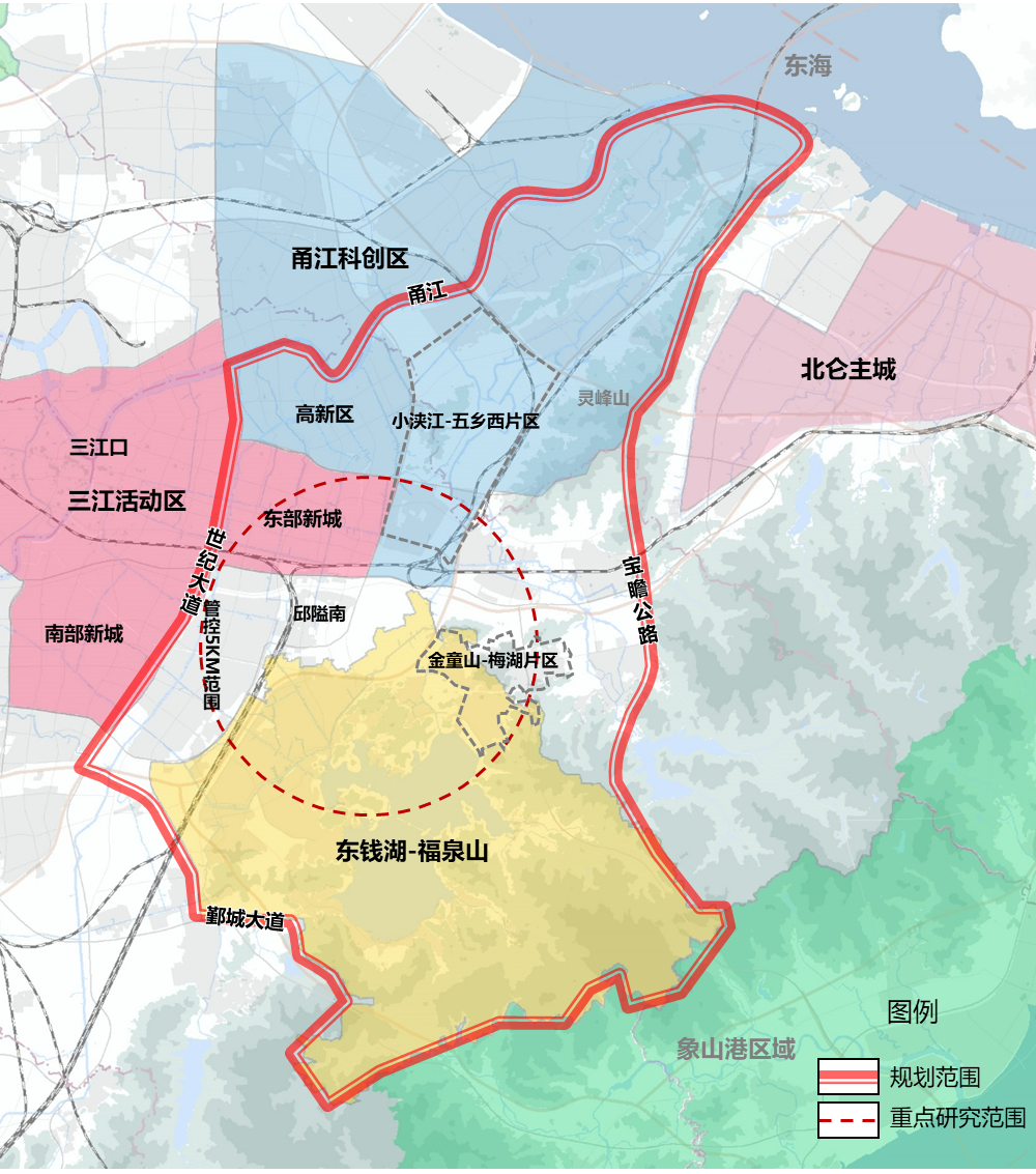 城东地区规划范围及重点研究范围图示。据招标文件