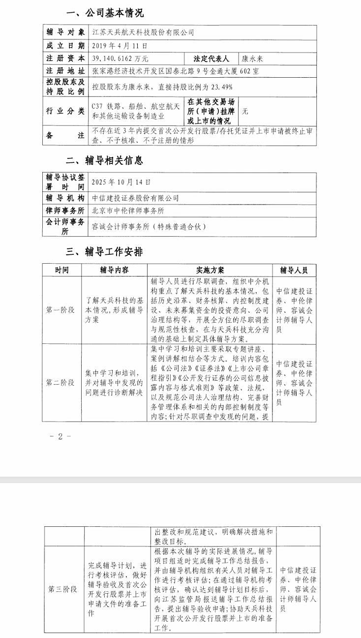 ▲ 关于江苏天兵航天科技股份有限公司首次公开发行股票并上市辅导备案报告